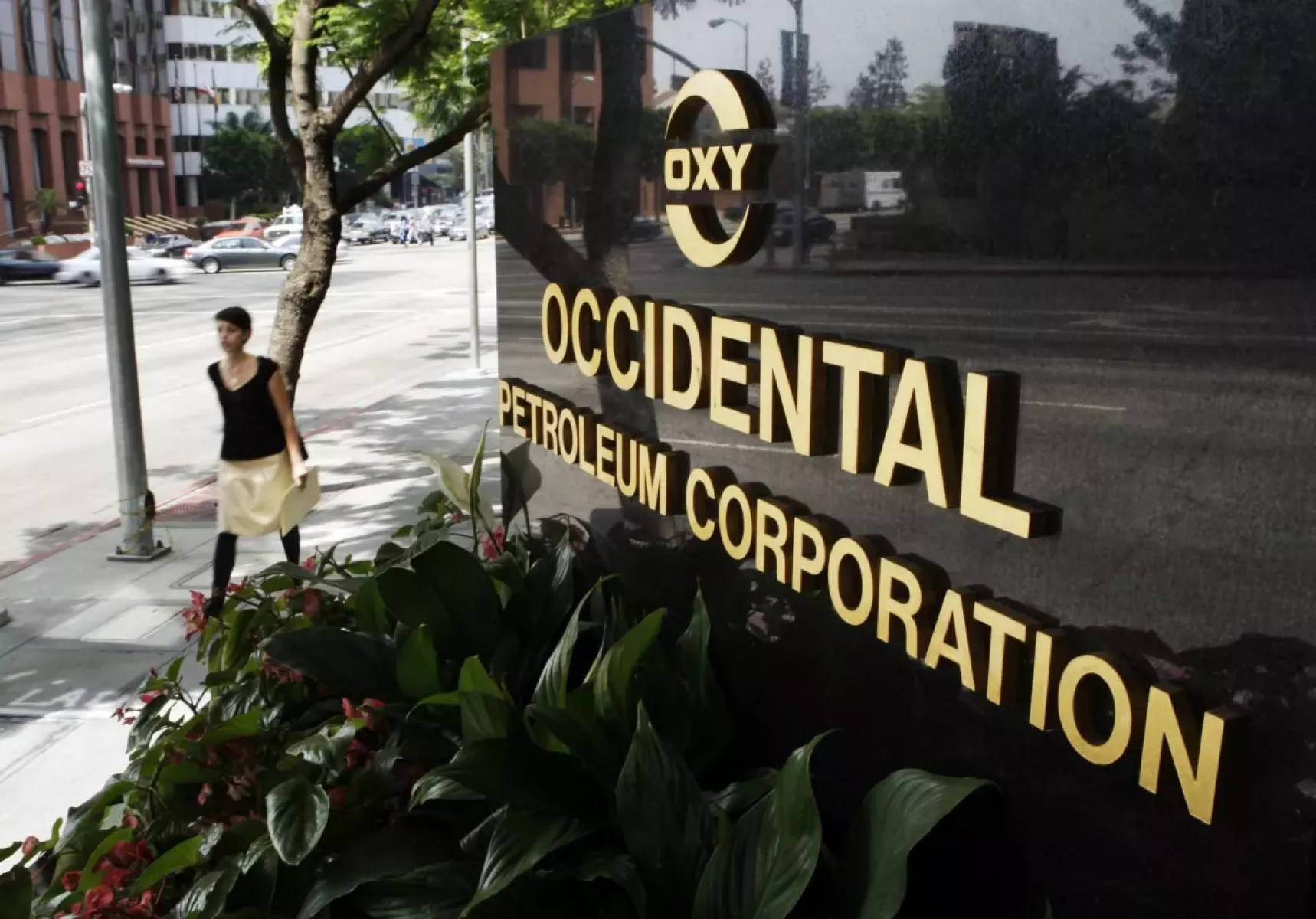 Occidental Petroleum's name and logo are on a building sign.